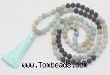 GMN6263 Knotted 8mm, 10mm matte amazonite & black lava 108 beads mala necklace with tassel