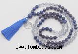 GMN6300 Knotted amethyst, white crystal & lapis lazuli 108 beads mala necklace with tassel & charm