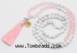 GMN6302 Knotted rose quartz & white howlite 108 beads mala necklace with tassel & charm
