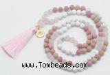 GMN6304 Knotted white howlite, pink jasper & rose quartz 108 beads mala necklace with tassel & charm