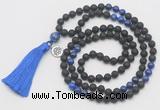 GMN6314 Knotted black lava & lapis lazuli 108 beads mala necklace with tassel & charm