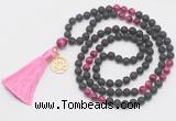 GMN6316 Knotted black lava & red tiger eye 108 beads mala necklace with tassel & charm