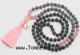 GMN6317 Knotted matte black agate, black labradorite & rose quartz 108 beads mala necklace with tassel & charm