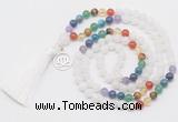 GMN6319 Knotted 7 Chakra white jade 108 beads mala necklace with tassel & charm