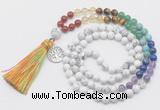 GMN6322 Knotted 7 Chakra white howlite 108 beads mala necklace with tassel & charm