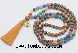 GMN6323 Knotted 7 Chakra yellow tiger eye 108 beads mala necklace with tassel & charm