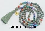 GMN6326 Knotted 7 Chakra African turquoise 108 beads mala necklace with tassel & charm