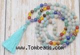 GMN6339 Knotted 7 Chakra 8mm, 10mm amazonite 108 beads mala necklace with tassel