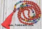 GMN6341 Knotted 7 Chakra 8mm, 10mm red agate 108 beads mala necklace with tassel