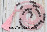 GMN6352 Knotted 8mm, 10mm rose quartz & garnet 108 beads mala necklace with tassel