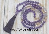GMN6353 Knotted 8mm, 10mm amethyst, citrine & white crystal 108 beads mala necklace with tassel