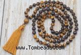 GMN6358 Knotted 8mm, 10mm yellow tiger eye, garnet & smoky quartz 108 beads mala necklace with tassel