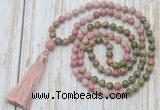 GMN6361 Knotted 8mm, 10mm unakite & pink wooden jasper 108 beads mala necklace with tassel