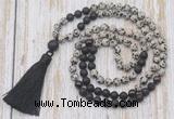 GMN6365 Knotted 8mm, 10mm dalmatian jasper, black lava & garnet 108 beads mala necklace with tassel
