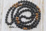 GMN6415 Hand-knotted 8mm, 10mm black lava & yellow tiger eye 108 beads mala necklaces