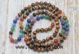 GMN6423 Hand-knotted 7 Chakra 8mm, 10mm yellow tiger eye 108 beads mala necklaces