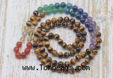 GMN6424 Hand-knotted 7 Chakra 8mm, 10mm yellow tiger eye 108 beads mala necklaces