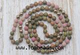 GMN6448 Hand-knotted 8mm, 10mm matte unakite & pink wooden jasper 108 beads mala necklaces