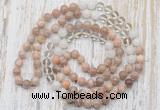 GMN6454 Hand-knotted 8mm, 10mm sunstone, white crystal & white jade 108 beads mala necklaces