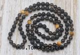 GMN6469 Knotted 8mm, 10mm black lava, smoky quartz & golden tiger eye 108 beads mala necklaces