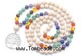 GMN6480 Knotted 7 Chakra 8mm, 10mm white fossil jasper 108 beads mala necklace with charm