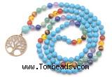 GMN6485 Knotted 7 Chakra 8mm, 10mm turquoise 108 beads mala necklace with charm