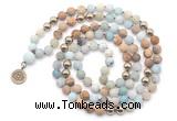 GMN6490 Knotted 8mm, 10mm matte amazonite & picture jasper 108 beads mala necklace with charm