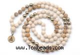 GMN6491 Knotted 8mm, 10mm white fossil jasper & picture jasper 108 beads mala necklace with charm