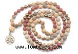 GMN6492 Knotted 8mm, 10mm matte picture jasper & red jasper 108 beads mala necklace with charm