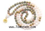 GMN6495 Knotted 8mm, 10mm unakite, white jade & hematite 108 beads mala necklace with charm