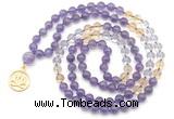 GMN6499 Knotted 8mm, 10mm amethyst, citrine & white crystal 108 beads mala necklace with charm