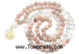 GMN6500 Knotted 8mm, 10mm sunstone, white crystal & white jade 108 beads mala necklace with charm