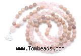 GMN6501 Knotted 8mm, 10mm sunstone, rose quartz & white jade 108 beads mala necklace with charm
