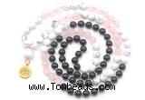 GMN6508 Knotted 8mm, 10mm black agate, rose quartz & white howlite 108 beads mala necklace with charm