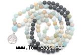 GMN6509 Knotted 8mm, 10mm matte amazonite & black lava 108 beads mala necklace with charm