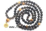 GMN6516 Knotted 8mm, 10mm black lava, smoky quartz & golden tiger eye 108 beads mala necklace with charm