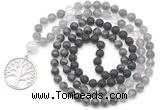 GMN6517 Knotted 8mm, 10mm black lava, black labradorite & cloudy quartz 108 beads mala necklace with charm