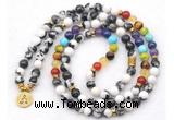 GMN7120 7 Chakra 8mm black & white jasper 108 mala beads wrap bracelet necklaces