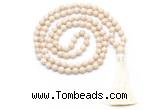 GMN8414 8mm, 10mm white fossil jasper 27, 54, 108 beads mala necklace with tassel