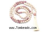 GMN8550 8mm, 10mm white fossil jasper & pink wooden jasper 108 beads mala necklace with tassel