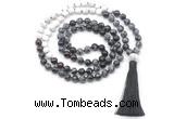 GMN8561 8mm, 10mm snowflake obsidian, matte white howlite & garnet 108 beads mala necklace with tassel
