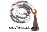 GMN8564 8mm, 10mm matte white howlite, black labradorite & yellow tiger eye 108 beads mala necklace with tassel