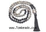 GMN8574 8mm, 10mm dalmatian jasper, black lava & garnet 108 beads mala necklace with tassel