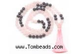 GMN8582 8mm, 10mm rose quartz & garnet 108 beads mala necklace with tassel