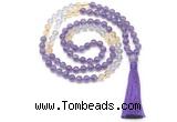 GMN8586 8mm, 10mm amethyst, citrine & white crystal 108 beads mala necklace with tassel