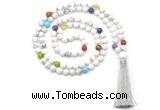 GMN8600 Hand-knotted 7 Chakra 8mm, 10mm white howlite 108 beads mala necklace with tassel