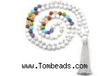 GMN8603 Hand-knotted 7 Chakra 8mm, 10mm white howlite 108 beads mala necklace with tassel