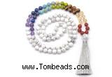 GMN8607 Hand-knotted 7 Chakra 8mm, 10mm white howlite 108 beads mala necklace with tassel