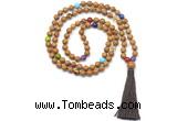 GMN8622 Hand-knotted 7 Chakra 8mm, 10mm wooden jasper 108 beads mala necklace with tassel