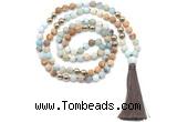 GMN8630 8mm, 10mm matte amazonite, picture jasper & hematite 108 beads mala necklace with tassel